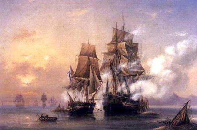 Alexey Bogolyubov Capturing of Swedish 44-gun frigate Venus by Russian 22-gun cutter Merkuriy of June 1, 1789. Germany oil painting art
